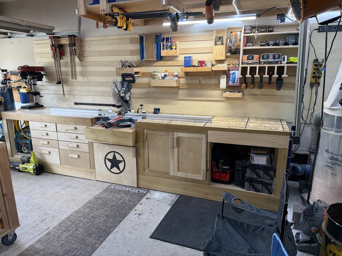 Custom-built garage cabinets and workbench
